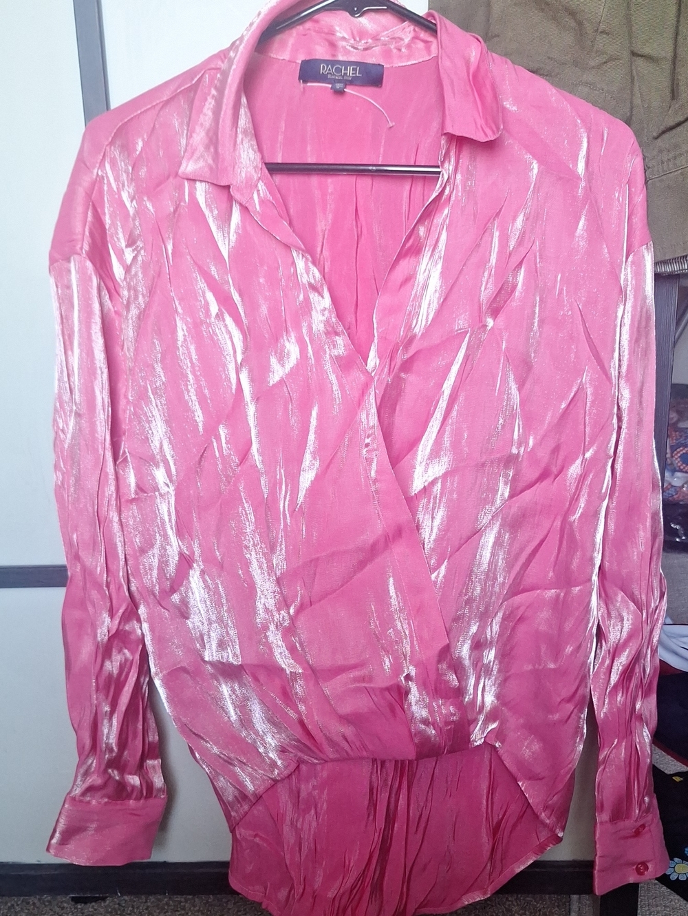 Rachel Pink Metallic-Striped Wrap Blouse